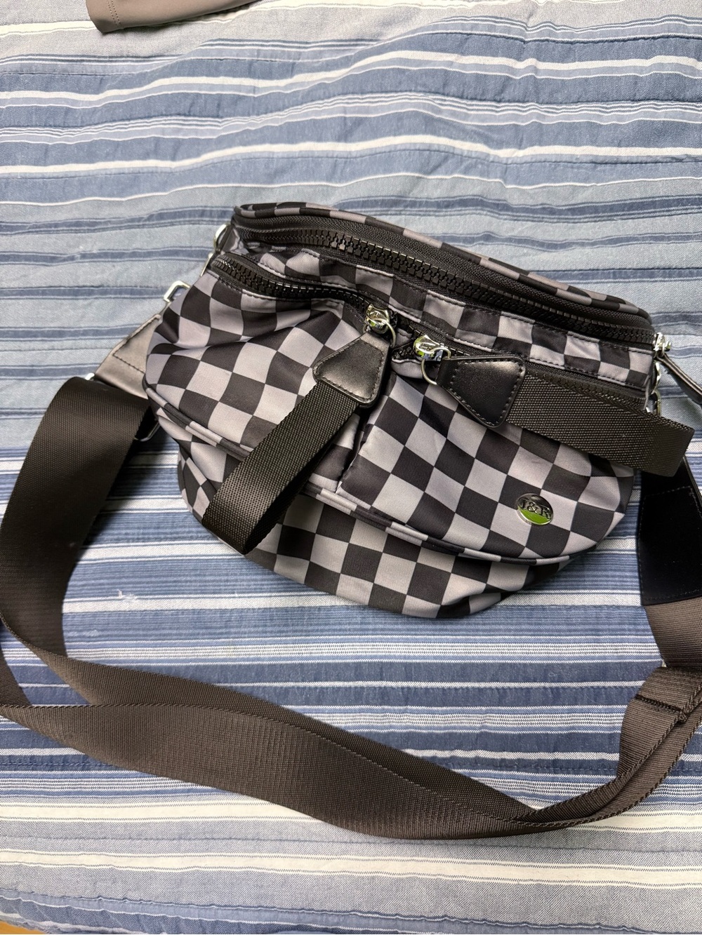Checkered Black and Gray Crossbody Bag with Adjustable Strap